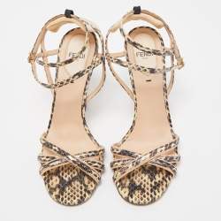 Pre Owned Fendi Black/Beige Python Strappy Sandals Size 37