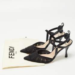 Pre Owned Fendi Black Lace and Leather Colibri Lite Slingback Pumps Size 37