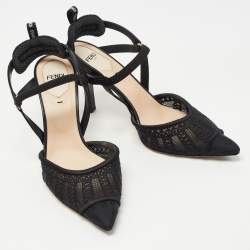 Pre Owned Fendi Black Lace and Leather Colibri Lite Slingback Pumps Size 37