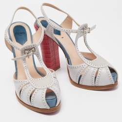 Pre Owned Fendi White Leather Chameleon T Strap Sandals Size 38