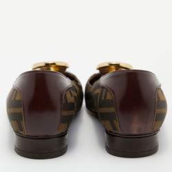 Pre Owned Fendi Brown/Black Zucca Canvas and Leather Cap Toe Flats Size 38.5