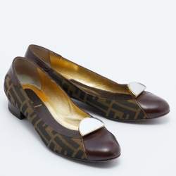 Pre Owned Fendi Brown/Black Zucca Canvas and Leather Cap Toe Flats Size 38.5