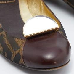 Pre Owned Fendi Brown/Black Zucca Canvas and Leather Cap Toe Flats Size 38.5
