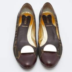 Pre Owned Fendi Brown/Black Zucca Canvas and Leather Cap Toe Flats Size 38.5
