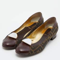 Pre Owned Fendi Brown/Black Zucca Canvas and Leather Cap Toe Flats Size 38.5