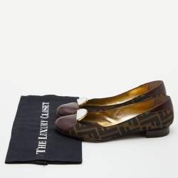 Pre Owned Fendi Brown/Black Zucca Canvas and Leather Cap Toe Flats Size 38.5