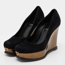 Pre Owned Fendi Black Suede Fendista Wedge Platform Pumps Size 37