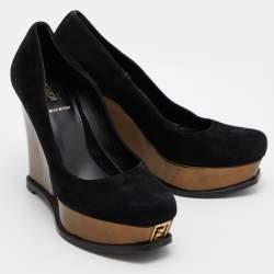 Pre Owned Fendi Black Suede Fendista Wedge Platform Pumps Size 37