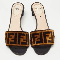 Pre Owned Fendi Brown Zucca Velvet Open-Toe Slide Sandals Size 36