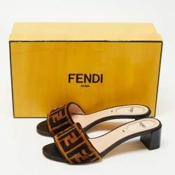 Pre Owned Fendi Brown Zucca Velvet Open-Toe Slide Sandals Size 36
