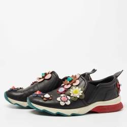 Pre Owned Fendi Black Leather Flowerland Slip On Sneakers Size 37