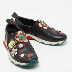 Pre Owned Fendi Black Leather Flowerland Slip On Sneakers Size 37