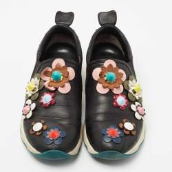 Pre Owned Fendi Black Leather Flowerland Slip On Sneakers Size 37