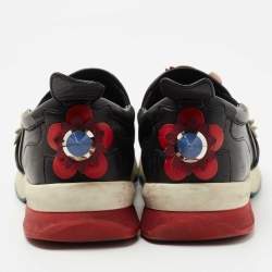 Pre Owned Fendi Black Leather Flowerland Slip On Sneakers Size 37