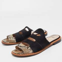 Pre Owned Fendi Black/Brown Suede and Python Cut Out Flat Slides Size 40