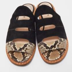 Pre Owned Fendi Black/Brown Suede and Python Cut Out Flat Slides Size 40