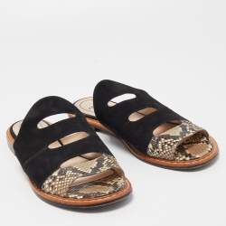 Pre Owned Fendi Black/Brown Suede and Python Cut Out Flat Slides Size 40