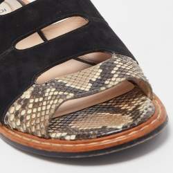 Pre Owned Fendi Black/Brown Suede and Python Cut Out Flat Slides Size 40