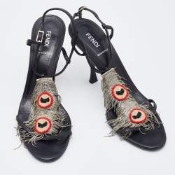 Pre Owned Fendi Black Leather Metal Peacock Feather T-Strap Sandals Size 39