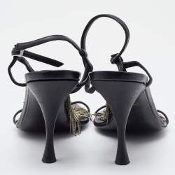 Pre Owned Fendi Black Leather Metal Peacock Feather T-Strap Sandals Size 39