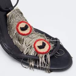 Pre Owned Fendi Black Leather Metal Peacock Feather T-Strap Sandals Size 39