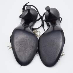 Pre Owned Fendi Black Leather Metal Peacock Feather T-Strap Sandals Size 39