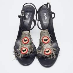 Pre Owned Fendi Black Leather Metal Peacock Feather T-Strap Sandals Size 39