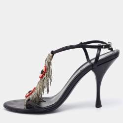 Pre Owned Fendi Black Leather Metal Peacock Feather T-Strap Sandals Size 39
