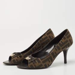 Pre Owned Fendi Brown Zucca Canvas Bow Peep Toe Pumps Size 36