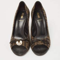 Pre Owned Fendi Brown Zucca Canvas Bow Peep Toe Pumps Size 36