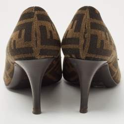 Pre Owned Fendi Brown Zucca Canvas Bow Peep Toe Pumps Size 36