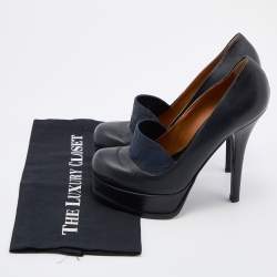 Pre Owned Fendi Navy Blue Leather and Croc Embossed Leather Logo Loafer Platform Pumps Size 40