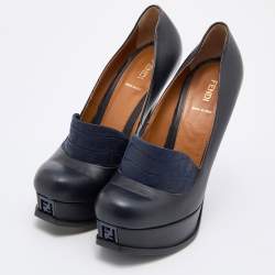 Pre Owned Fendi Navy Blue Leather and Croc Embossed Leather Logo Loafer Platform Pumps Size 40