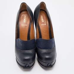 Pre Owned Fendi Navy Blue Leather and Croc Embossed Leather Logo Loafer Platform Pumps Size 40