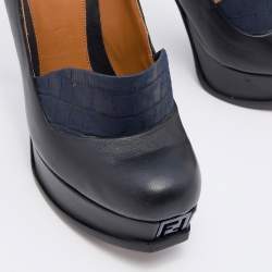 Pre Owned Fendi Navy Blue Leather and Croc Embossed Leather Logo Loafer Platform Pumps Size 40