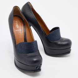 Pre Owned Fendi Navy Blue Leather and Croc Embossed Leather Logo Loafer Platform Pumps Size 40