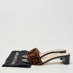 Pre Owned Fendi Brown Velvet FF Logo Slide Sandals Size 39