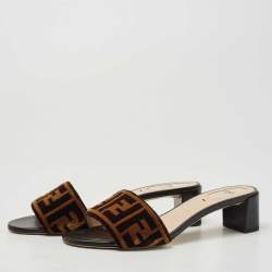 Pre Owned Fendi Brown Velvet FF Logo Slide Sandals Size 39