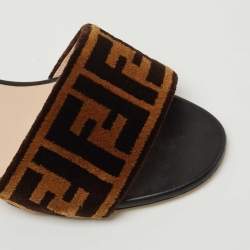 Pre Owned Fendi Brown Velvet FF Logo Slide Sandals Size 39