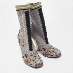 Pre Owned Fendi Grey Floral Embroidered Knit Fabric Sock Ankle Boots Size 40