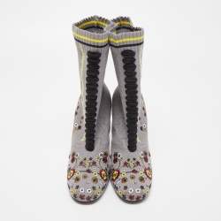 Pre Owned Fendi Grey Floral Embroidered Knit Fabric Sock Ankle Boots Size 40