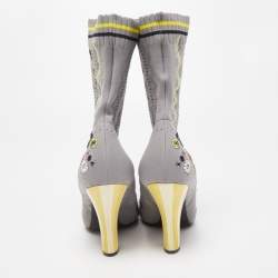 Pre Owned Fendi Grey Floral Embroidered Knit Fabric Sock Ankle Boots Size 40