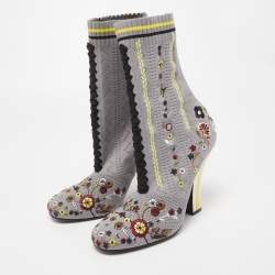 Pre Owned Fendi Grey Floral Embroidered Knit Fabric Sock Ankle Boots Size 40