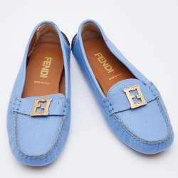 Fendi Blue Leather FF Logo Slip On Loafers Size 36