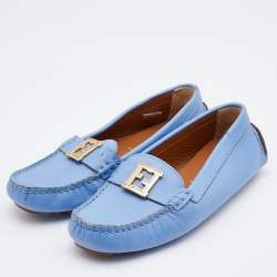 Fendi Blue Leather FF Logo Slip On Loafers Size 36