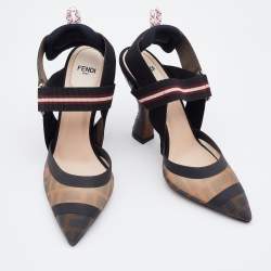 Pre Owned Fendi Black/Brown Zucca Mesh and Leather Colibri Slingback Pumps Size 36