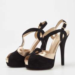 Pre Owned Fendi Black Leather and Suede Platform Ankle Strap Sandals Size 38