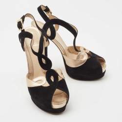 Pre Owned Fendi Black Leather and Suede Platform Ankle Strap Sandals Size 38