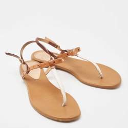 Pre Owned Fendi Brown Leather Bow Detail Ankle Strap Flats Sandals Size 38