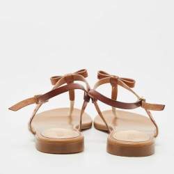 Pre Owned Fendi Brown Leather Bow Detail Ankle Strap Flats Sandals Size 38